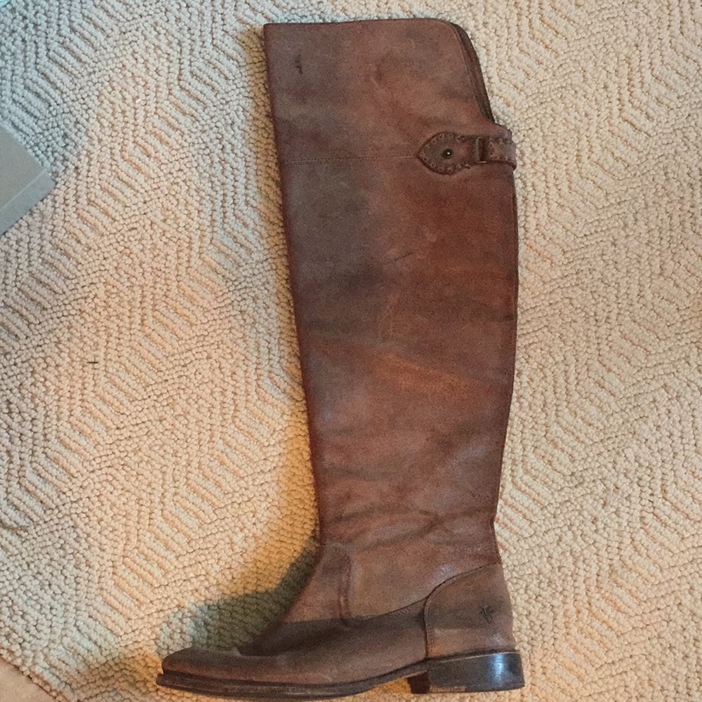Over the knee, tan suede Frye boots